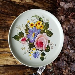 SHABBY CHIC VINTAGE WHITE FLORAL TOLE HAND PAINTED TRAY